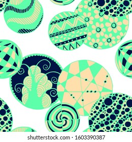 Doodled Circles. Seamless Background with Ornate Elements for Underwear Wallpaper Tablecloth. Black and White Vector Rapport in Modern Colors. Colorful Christmas Decoration. Seamless Doodled Circles.
