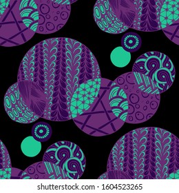Doodled Circles. Seamless Background with Ornate Elements for Underwear Wallpaper Tablecloth. Black and White Vector Rapport in Modern Colors. Colorful Christmas Decoration. Seamless Doodled Circles.