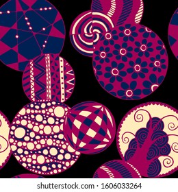 Doodled Circles. Seamless Background with Ornate Elements for Underwear Wallpaper Tablecloth. Black and White Vector Rapport in Modern Colors. Colorful Christmas Decoration. Seamless Doodled Circles.