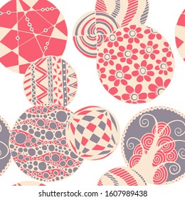 Doodled Circles. Seamless Background with Ornate Elements for Underwear Wallpaper Tablecloth. Black and White Vector Rapport in Modern Colors. Colorful Christmas Decoration. Seamless Doodled Circles.