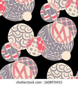 Doodled Circles. Seamless Background with Ornate Elements for Underwear Wallpaper Tablecloth. Black and White Vector Rapport in Modern Colors. Colorful Christmas Decoration. Seamless Doodled Circles.