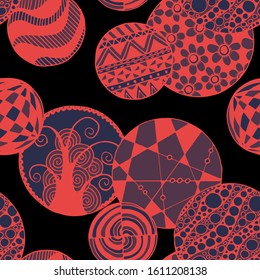 Doodled Circles. Seamless Background with Ornate Elements for Underwear Wallpaper Tablecloth. Black and White Vector Rapport in Modern Colors. Colorful Christmas Decoration. Seamless Doodled Circles.