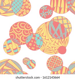 Doodled Circles. Seamless Background with Ornate Elements for Underwear Wallpaper Tablecloth. Black and White Vector Rapport in Modern Colors. Colorful Christmas Decoration. Seamless Doodled Circles.