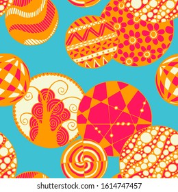 Doodled Circles. Seamless Background with Ornate Elements for Underwear Wallpaper Tablecloth. Black and White Vector Rapport in Modern Colors. Colorful Christmas Decoration. Seamless Doodled Circles.