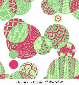 Doodled Circles. Seamless Background with Ornate Elements for Underwear Wallpaper Tablecloth. Black and White Vector Rapport in Modern Colors. Colorful Christmas Decoration. Seamless Doodled Circles.