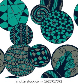 Doodled Circles. Seamless Background with Ornate Elements for Underwear Wallpaper Tablecloth. Black and White Vector Rapport in Modern Colors. Colorful Christmas Decoration. Seamless Doodled Circles.