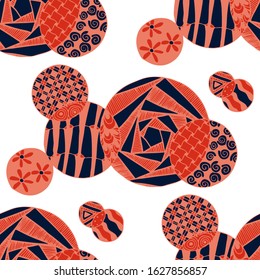 Doodled Circles. Seamless Background with Ornate Elements for Underwear Wallpaper Tablecloth. Black and White Vector Rapport in Modern Colors. Colorful Christmas Decoration. Seamless Doodled Circles.