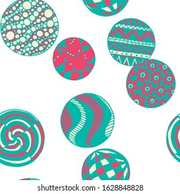 Doodled Circles. Seamless Background with Ornate Elements for Underwear Wallpaper Tablecloth. Black and White Vector Rapport in Modern Colors. Colorful Christmas Decoration. Seamless Doodled Circles.