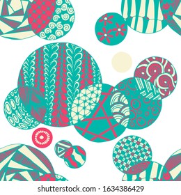 Doodled Circles. Seamless Background with Ornate Elements for Underwear Wallpaper Tablecloth. Black and White Vector Rapport in Modern Colors. Colorful Christmas Decoration. Seamless Doodled Circles.