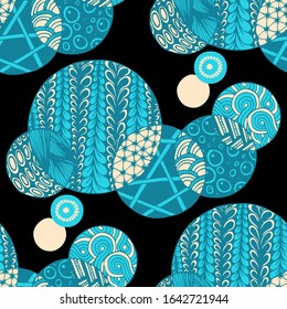 Doodled Circles. Seamless Background with Ornate Elements for Underwear Wallpaper Tablecloth. Black and White Vector Rapport in Modern Colors. Colorful Christmas Decoration. Seamless Doodled Circles.