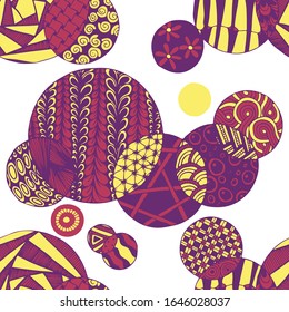 Doodled Circles. Seamless Background with Ornate Elements for Underwear Wallpaper Tablecloth. Black and White Vector Rapport in Modern Colors. Colorful Christmas Decoration. Seamless Doodled Circles.