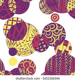 Doodled Circles. Seamless Background with Ornate Elements for Underwear Wallpaper Tablecloth. Black and White Vector Rapport in Modern Colors. Colorful Christmas Decoration. Seamless Doodled Circles.