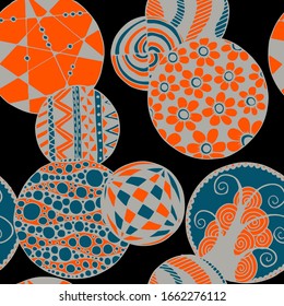 Doodled Circles. Seamless Background with Ornate Elements for Underwear Wallpaper Tablecloth. Black and White Vector Rapport in Modern Colors. Colorful Christmas Decoration. Seamless Doodled Circles.