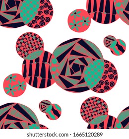 Círculos Doodled. Fondo impecable con elementos orgánicos para el mantel de papel interior. Rapto Vector blanco y negro en colores modernos. Decoración navideña colorida. Círculos sin Pañuelos.