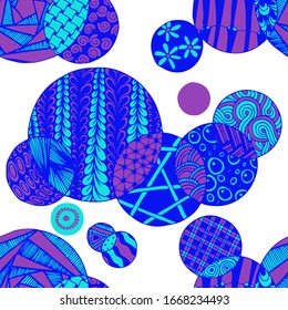 Doodled Circles. Seamless Background with Ornate Elements for Underwear Wallpaper Tablecloth. Black and White Vector Rapport in Modern Colors. Colorful Christmas Decoration. Seamless Doodled Circles.