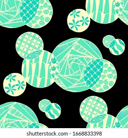 Doodled Circles. Seamless Background with Ornate Elements for Underwear Wallpaper Tablecloth. Black and White Vector Rapport in Modern Colors. Colorful Christmas Decoration. Seamless Doodled Circles.