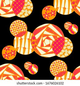 Doodled Circles. Seamless Background with Ornate Elements for Underwear Wallpaper Tablecloth. Black and White Vector Rapport in Modern Colors. Colorful Christmas Decoration. Seamless Doodled Circles.