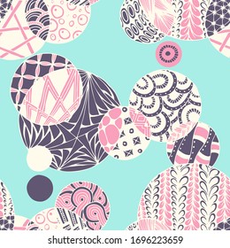 Doodled Circles. Seamless Background with Ornate Elements for Underwear Wallpaper Tablecloth. Black and White Vector Rapport in Modern Colors. Colorful Christmas Decoration. Seamless Doodled Circles.