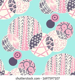Doodled Circles. Seamless Background with Ornate Elements for Underwear Wallpaper Tablecloth. Black and White Vector Rapport in Modern Colors. Colorful Christmas Decoration. Seamless Doodled Circles.