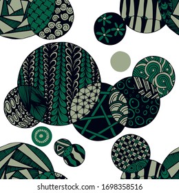 Doodled Circles. Seamless Background with Ornate Elements for Underwear Wallpaper Tablecloth. Black and White Vector Rapport in Modern Colors. Colorful Christmas Decoration. Seamless Doodled Circles.