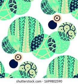 Doodled Circles. Seamless Background with Ornate Elements for Underwear Wallpaper Tablecloth. Black and White Vector Rapport in Modern Colors. Colorful Christmas Decoration. Seamless Doodled Circles.
