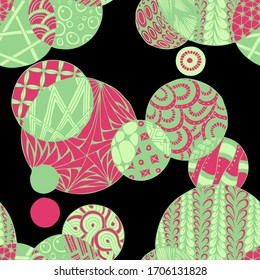 Doodled Circles. Seamless Background with Ornate Elements for Underwear Wallpaper Tablecloth. Black and White Vector Rapport in Modern Colors. Colorful Christmas Decoration. Seamless Doodled Circles.