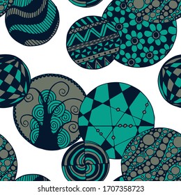 Doodled Circles. Seamless Background with Ornate Elements for Underwear Wallpaper Tablecloth. Black and White Vector Rapport in Modern Colors. Colorful Christmas Decoration. Seamless Doodled Circles.