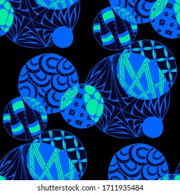 Doodled Circles. Seamless Background with Ornate Elements for Underwear Wallpaper Tablecloth. Black and White Vector Rapport in Modern Colors. Colorful Christmas Decoration. Seamless Doodled Circles.