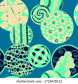Doodled Circles. Seamless Background with Ornate Elements for Underwear Wallpaper Tablecloth. Black and White Vector Rapport in Modern Colors. Colorful Christmas Decoration. Seamless Doodled Circles.