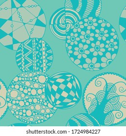 Doodled Circles. Seamless Background with Ornate Elements for Underwear Wallpaper Tablecloth. Black and White Vector Rapport in Modern Colors. Colorful Christmas Decoration. Seamless Doodled Circles.