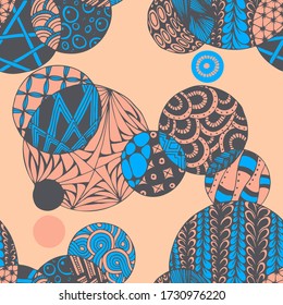 Doodled Circles. Seamless Background with Ornate Elements for Underwear Wallpaper Tablecloth. Black and White Vector Rapport in Modern Colors. Colorful Christmas Decoration. Seamless Doodled Circles.