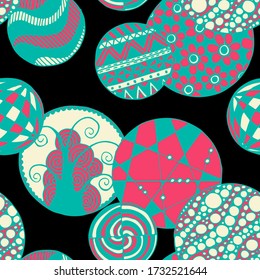 Doodled Circles. Seamless Background with Ornate Elements for Underwear Wallpaper Tablecloth. Black and White Vector Rapport in Modern Colors. Colorful Christmas Decoration. Seamless Doodled Circles.