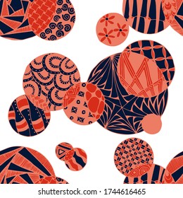 Doodled Circles. Seamless Background with Ornate Elements for Underwear Wallpaper Tablecloth. Black and White Vector Rapport in Modern Colors. Colorful Christmas Decoration. Seamless Doodled Circles.