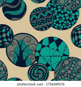 Doodled Circles. Seamless Background with Ornate Elements for Underwear Wallpaper Tablecloth. Black and White Vector Rapport in Modern Colors. Colorful Christmas Decoration. Seamless Doodled Circles.