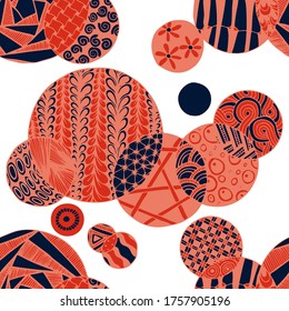 Doodled Circles. Seamless Background with Ornate Elements for Underwear Wallpaper Tablecloth. Black and White Vector Rapport in Modern Colors. Colorful Christmas Decoration. Seamless Doodled Circles.