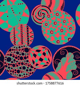 Doodled Circles. Seamless Background with Ornate Elements for Underwear Wallpaper Tablecloth. Black and White Vector Rapport in Modern Colors. Colorful Christmas Decoration. Seamless Doodled Circles.