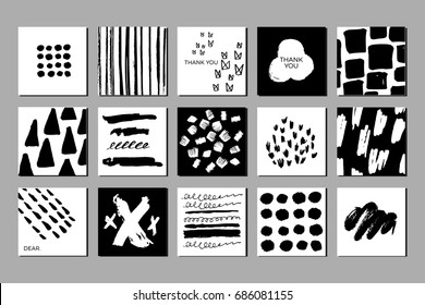 Doodled Creative Black and White Greeting Cards, Hand-drawn Textures, Grunge Brush strokes and scribbles, Vector decor elements