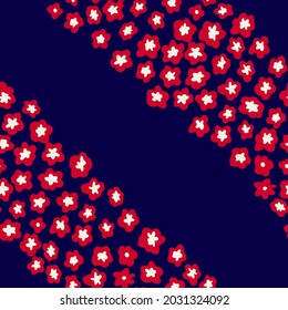 Doodled ditsy daisy seamless repeat pattern stripped effect. Vector flowers all over surface print on dark blue background.