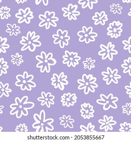 Doodled ditsy daisy seamless repeat pattern on lavender background. Random placed, vector hippie flowers all over surface print.