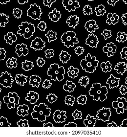 Doodled ditsy Gänseblümchen nahtlose Wiederholung Muster. Random platziert, Vektorgrafik-Blumen, die Druck in Schwarz-Weiß.