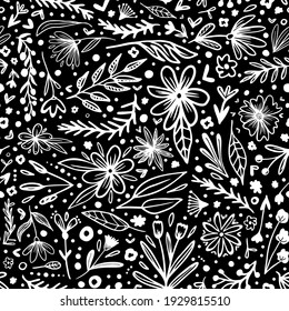 Doodled florals, branches, leaves, dots and hearts random placed vector elements as seamless repeat pattern with black background.