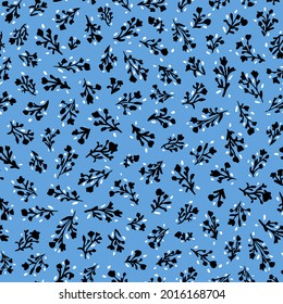 Flores talladas con hojas y puntos blancos con un patrón de repetición sin fisuras. Aleatorio colocado, elementos botánicos vectoriales y geométricos por toda la superficie impresa sobre fondo azul.