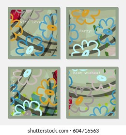 Doodled flowers on light green.Hand drawn creative invitation greeting cards. Poster, placard,design templates. Anniversary, Birthday, wedding, party cards set of 4. Isolated on layer.