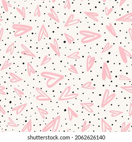 Doodled hearts with dots seamless repeat pattern. Random placed, vector love signs with circles all over surface print on white background.