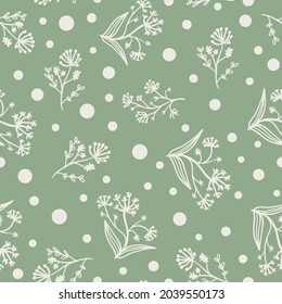 Doodled herb plants drawing with polka dots seamless repeat pattern. Random placed, vector botanical and geometrical elements all over print on sage green background.