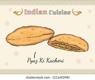 Doodled Indian Dish Cuisine With Onion Stuffed Fried Snack Called Pyaaz Kachori Vector Illustration