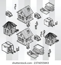 Doodled Isometric Vector Illustration of a City