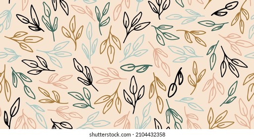Doodled Blätter nahtlose Wiederholmuster. Random platziert, Vektormehrfarbige Botanik-Pflanzenteile auf der ganzen Oberfläche.