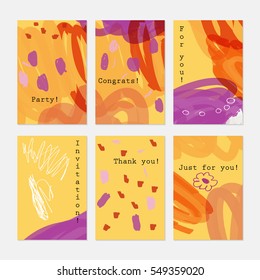 Doodled marks and circles on orange.Hand drawn creative invitation greeting cards.Poster placard flayer design templates. Anniversary Birthday wedding party cards.Isolated on layer.