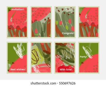 Doodled marks and circles on red green.Hand drawn creative invitation greeting cards.Poster placard flayer design templates. Anniversary Birthday wedding party cards.Isolated on layer.